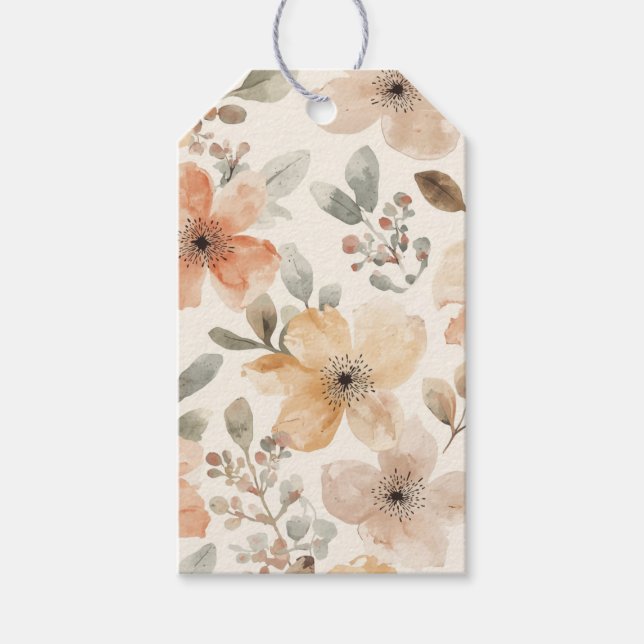 Beige Persika Blommig Akvarell Botaniskt Mönster Presentetikett (Framsidan)