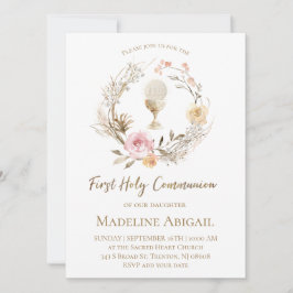 beige pink flowers wreath First Communion Inbjudningar