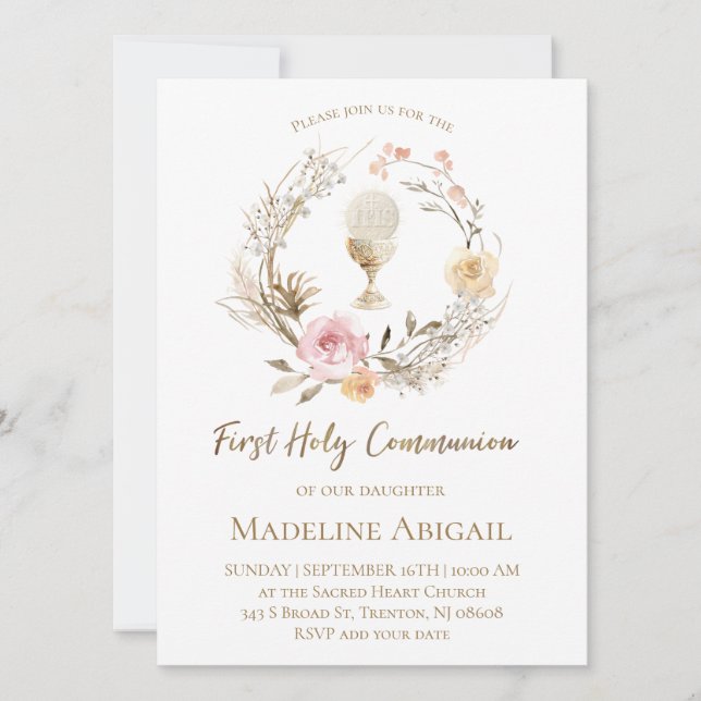 beige pink flowers wreath First Communion Inbjudningar (Framsida)