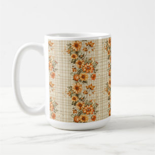 BEIGE PLAID MED ORANGE- OCH GULT-FLÖDEN KAFFEMUGG