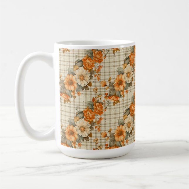 BEIGE PLAID MED ORANGE- OCH GULT-FLÖDEN KAFFEMUGG (Vänster)