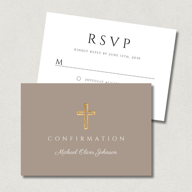 Beige Pojke Religiöst Kors Konfirmation OSA Kort (Taupe Boy Religious Cross Confirmation RSVP Card)