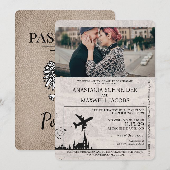 Beige Poland Passport bröllop bjudande Inbjudningar (Fram/baksida)