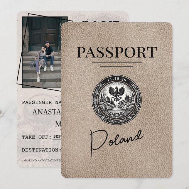 Beige Poland Passport - spara datum Datumet (Fram/baksida)