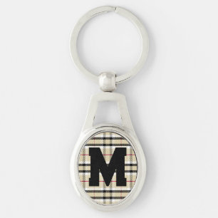 Beige Preppy Play Mode Monogram Personlig Ovalt Silverfärgad Nyckelring