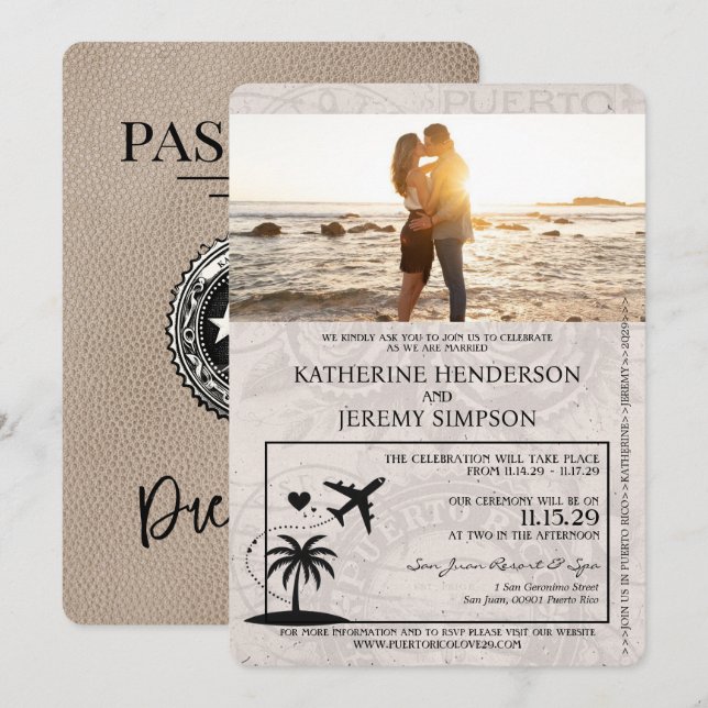 Beige Puerto Rico Pass Bröllop Inbjudningar (Fram/baksida)