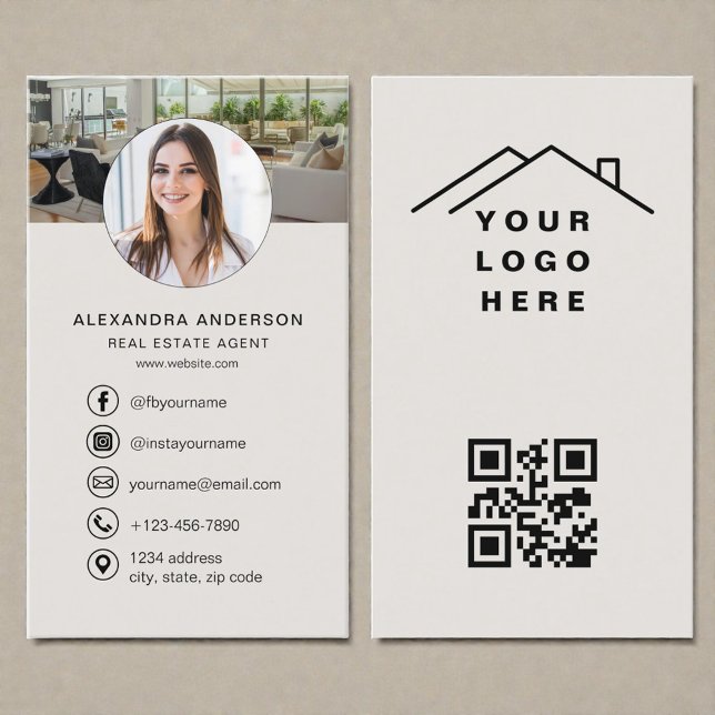 Beige QR-kod Fastighetsmäklare Foto Logotyp Visitkort (Skapare uppladdad)