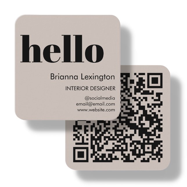 Beige | QR-kod Social Media Hej Fyrkantigt Visitkort (Skapare uppladdad)
