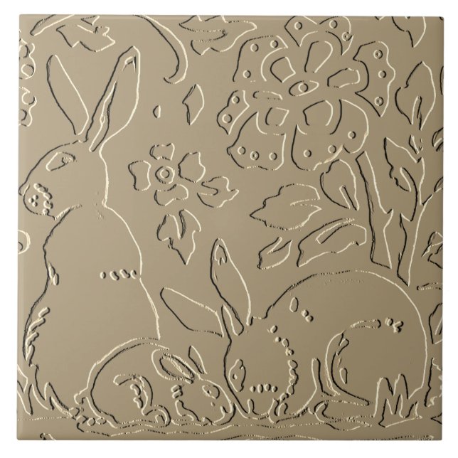 Beige Rabbit Embossed Woodland Foliage Elegant Kakelplatta (Framsidan)