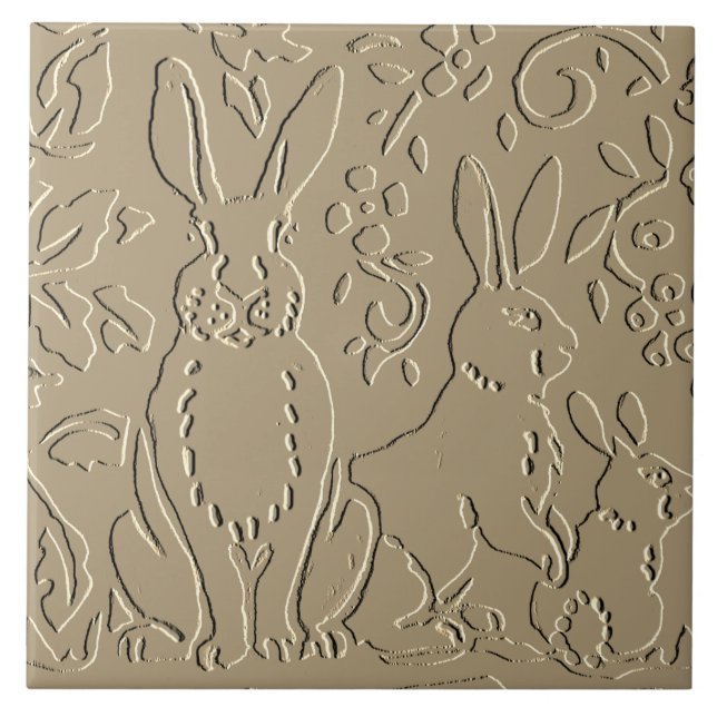Beige Rabbit Embossed Woodland Foliage Elegant Kakelplatta (Framsidan)