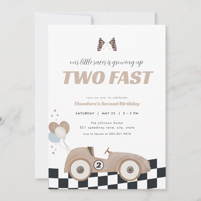 Beige Race Car Two Fast Second Birthday Invite  Inbjudningar (Framsida)