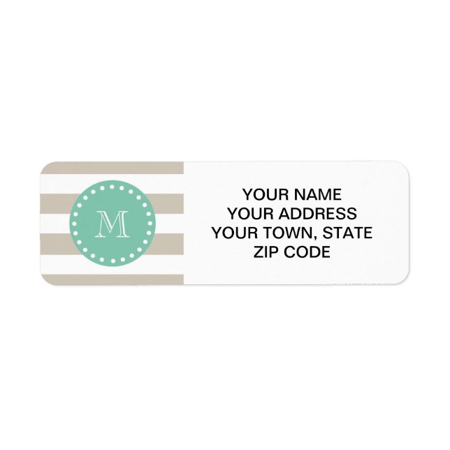 Beige Rand Mönster, Mint Grönt Monogram Returadress Etikett (Framsidan)