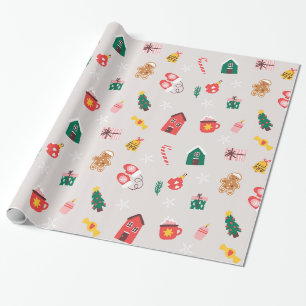 Beige Red and Grönt Cute Illustrated jul Presentpapper
