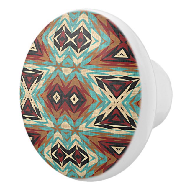 Beige Red Brown Aqua Blue Grönt Black Tribal Art Knopp (Höger)