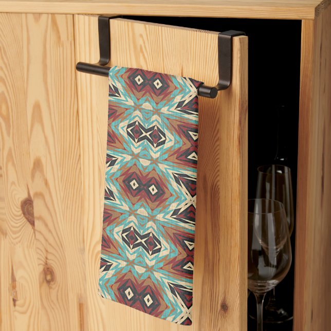 Beige Red Brown Aqua Blue Grönt Black Tribal Art Kökshandduk (Thirds Fold)