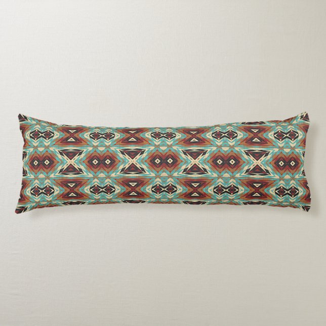 Beige Red Brown Aqua Blue Grönt Black Tribal Art Kroppskudde (Framsidan)
