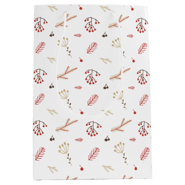 Beige Red Holly Berry Helgdag Medium Gift Bag (Framsidan)