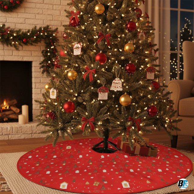 Beige Red Illustrative Christmas  Julgransmatta Borstad Polyester (Skapare uppladdad)