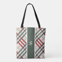 Beige Red Tartan Play Monogram Tote Bag
