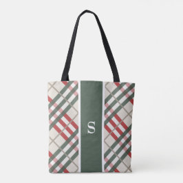 Beige Red Tartan Play Monogram Tote Bag Tygkasse