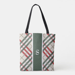 Beige Red Tartan Play Monogram Tote Bag Tygkasse