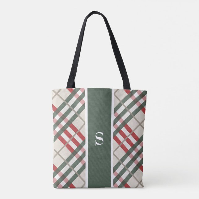 Beige Red Tartan Play Monogram Tote Bag Tygkasse (Baksida)