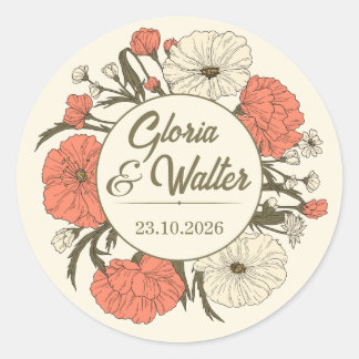 Beige Red Vintage Wedding Sticker Illustrative  Runt Klistermärke