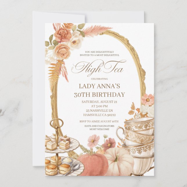 Beige Regency Höst Pumpa Födelsedags Te Party Inbjudningar (Framsida)