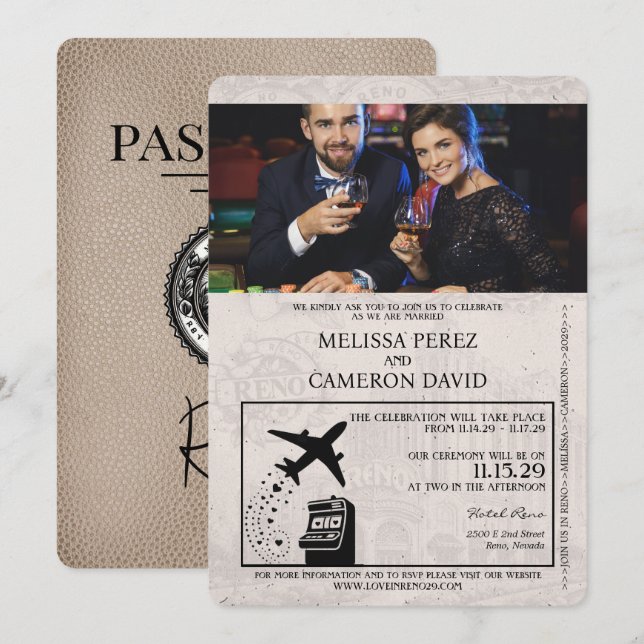 Beige Reno Passport Wedding bjudande Inbjudningar (Fram/baksida)