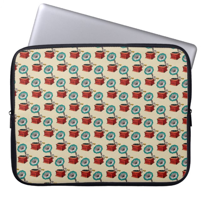 Beige Retro Gramophone Mönster Laptop sleeve (Framsidan)