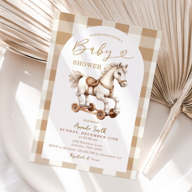 Beige Rocking Horse Brown Gingham Arch Baby Shower Inbjudningar (Skapare uppladdad)