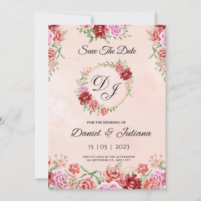 Beige röd akvarell blommig kort, elegant blommig f inbjudningar (Framsida)