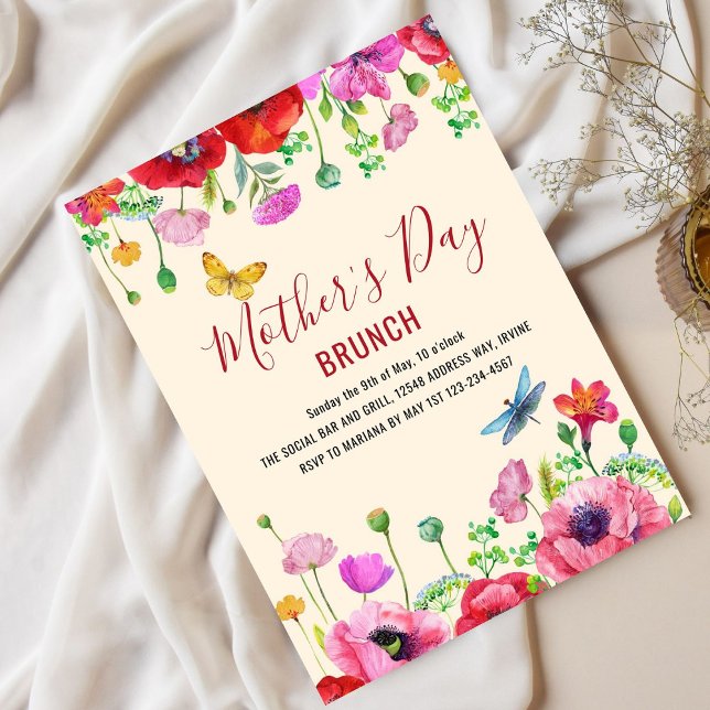 Beige Röd Akvarell Blommig Morsdags Brunch  Inbjudningar (Skapare uppladdad)