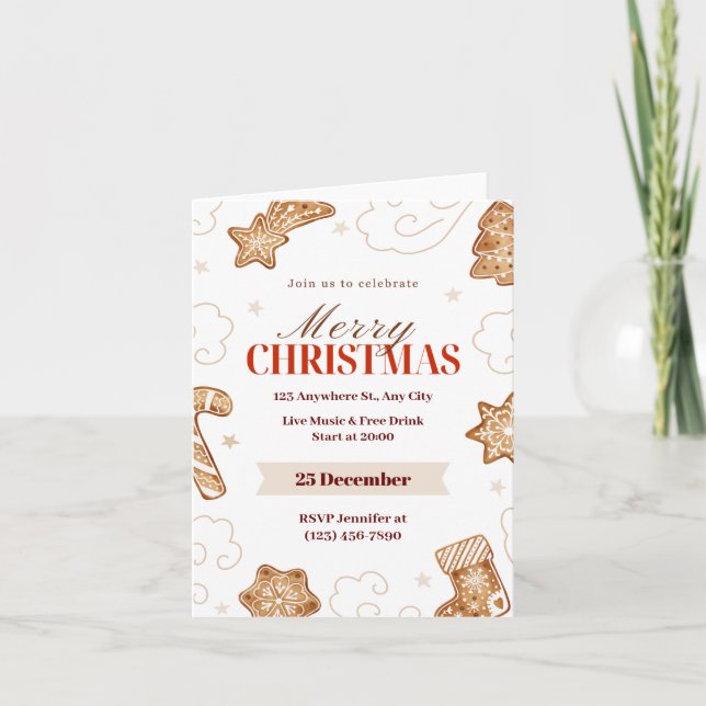 Beige Röd Akvarell Vintervärld: Pepparkakor Inbjudan (Framsida)