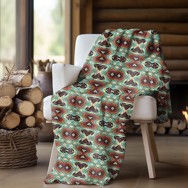 Beige Röd Brun Aqua Blå Grön Svart Tribal Art Fleecefilt (Skapare uppladdad)