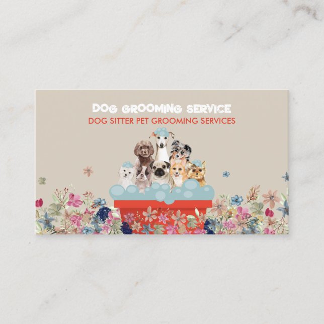Beige Röd Hund Grooming Badkar Säng Blommig Visitkort (Framsida)