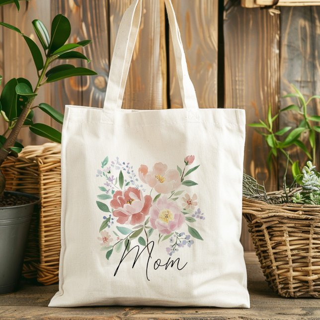 Beige Rosa Blommigt Mors dag Witty Caption Tygkasse (watercolor pink beige floral mothers day tote bag, gift for mom)