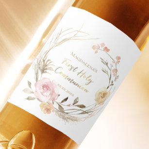 beige rosa blommor Första Heligan Communion Vinflaska Etikett