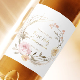 beige rosa blommor Första Heligan Communion Vinflaska Etikett