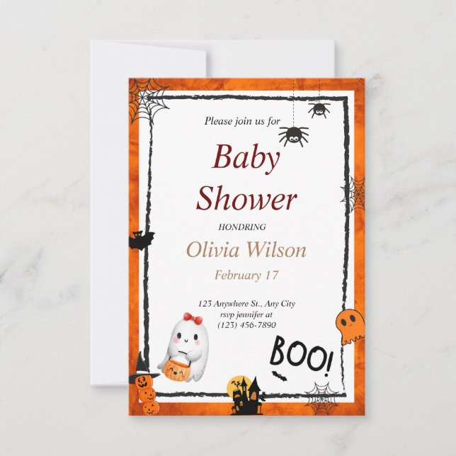 Beige Rosa Boho Illustrated Halloween Baby Shower Inbjudningar (Framsida)
