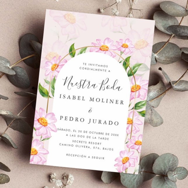 Beige Rosa Botanical Nuestra Boda Spanska Bröllop Inbjudningar (Skapare uppladdad)