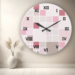 Beige Rosa Checkated Wall Clock Rund Klocka