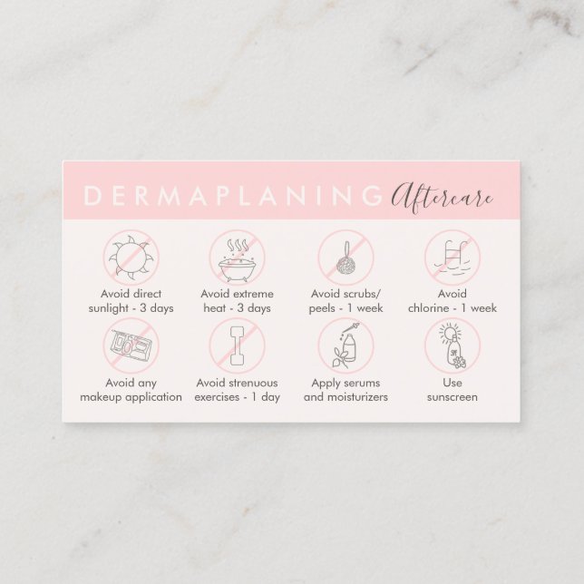 Beige Rosa Dermaplaning Eftervårdsinstruktion Visitkort (Baksida)