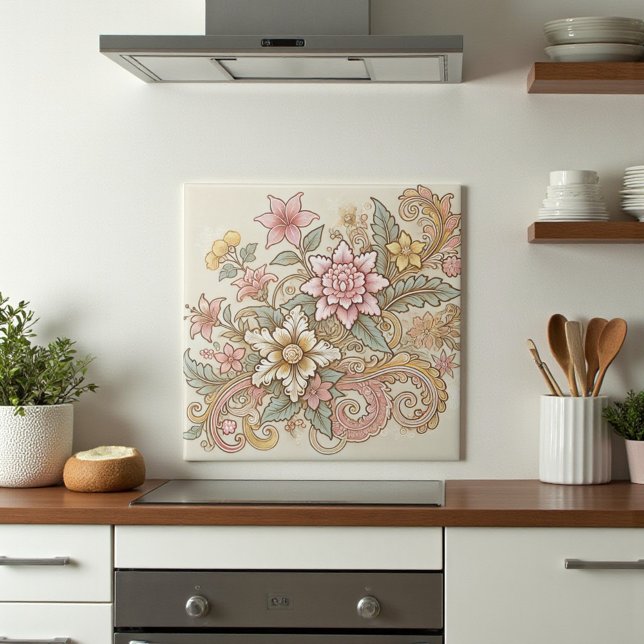 Beige Rosa Gult Boho indonsian Batik Kakelplatta (Beige Pink Yellow Boho Indonesian Batik Ceramic Tile)