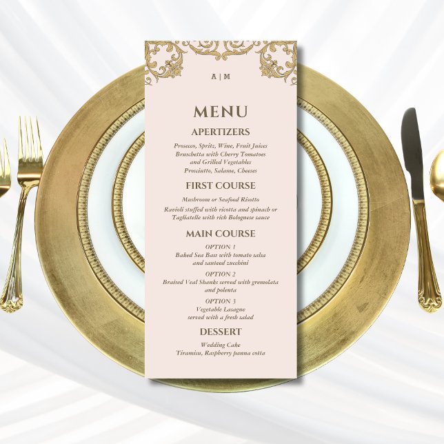 Beige Rosa Ornate Monogram Baroque Bröllop Menu Meny (Skapare uppladdad)