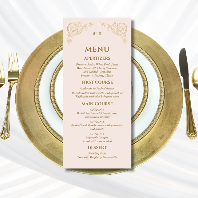 Beige Rosa Ornate Monogram Baroque Bröllop Menu Meny (Skapare uppladdad)