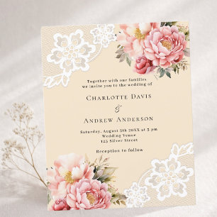 Beige rosa ros blommig spets bröllopsinbjudan