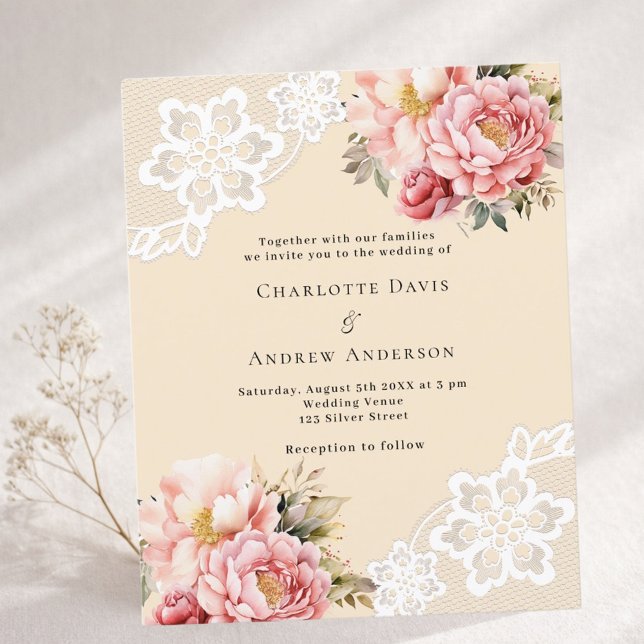 Beige rosa ros blommig spets bröllopsinbjudan (Skapare uppladdad)