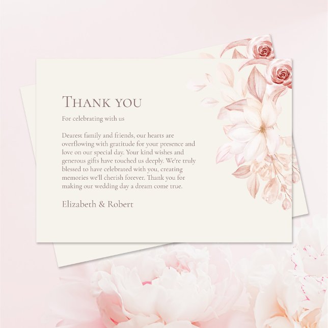 Beige & Rosa ros Bröllop Tack Kort (Romantic Beige and Pink Roses Wedding Thank You Card on pastel pink table with pink roses.)