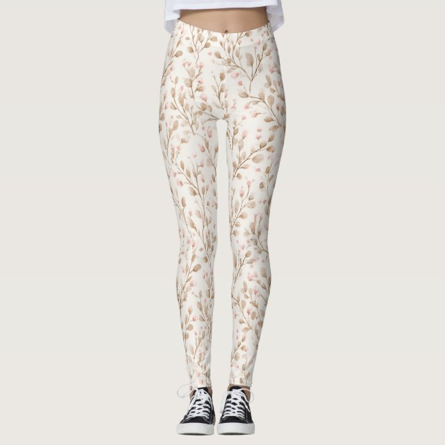 Beige rosablommig leggings (Framsida)